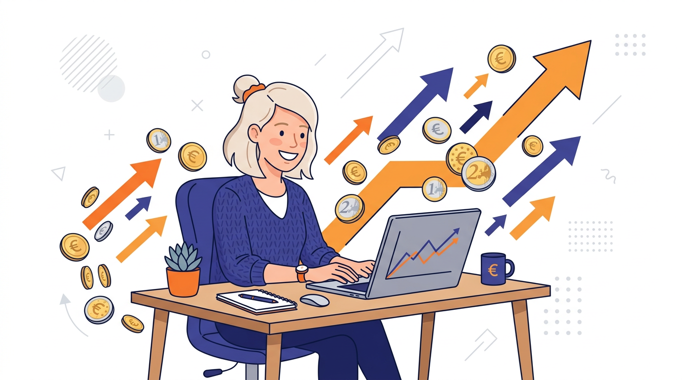 Illustratie van iemand die extra inkomen verdient met een laptop